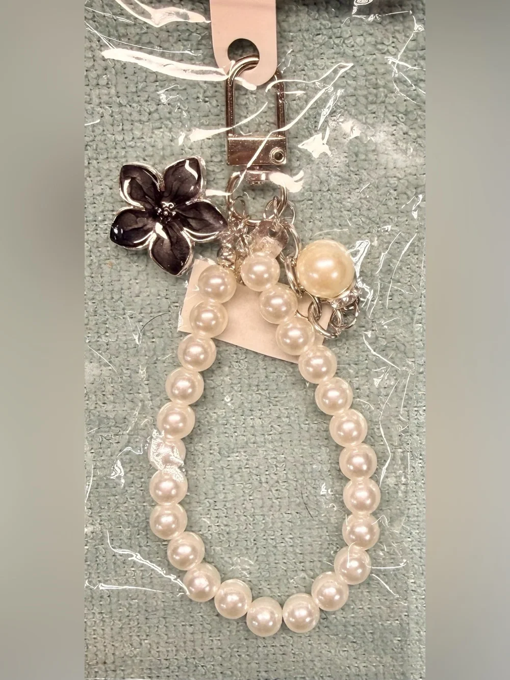Pearl Beaded Charm/Keyring - Pink, White or Black Flower Accents New